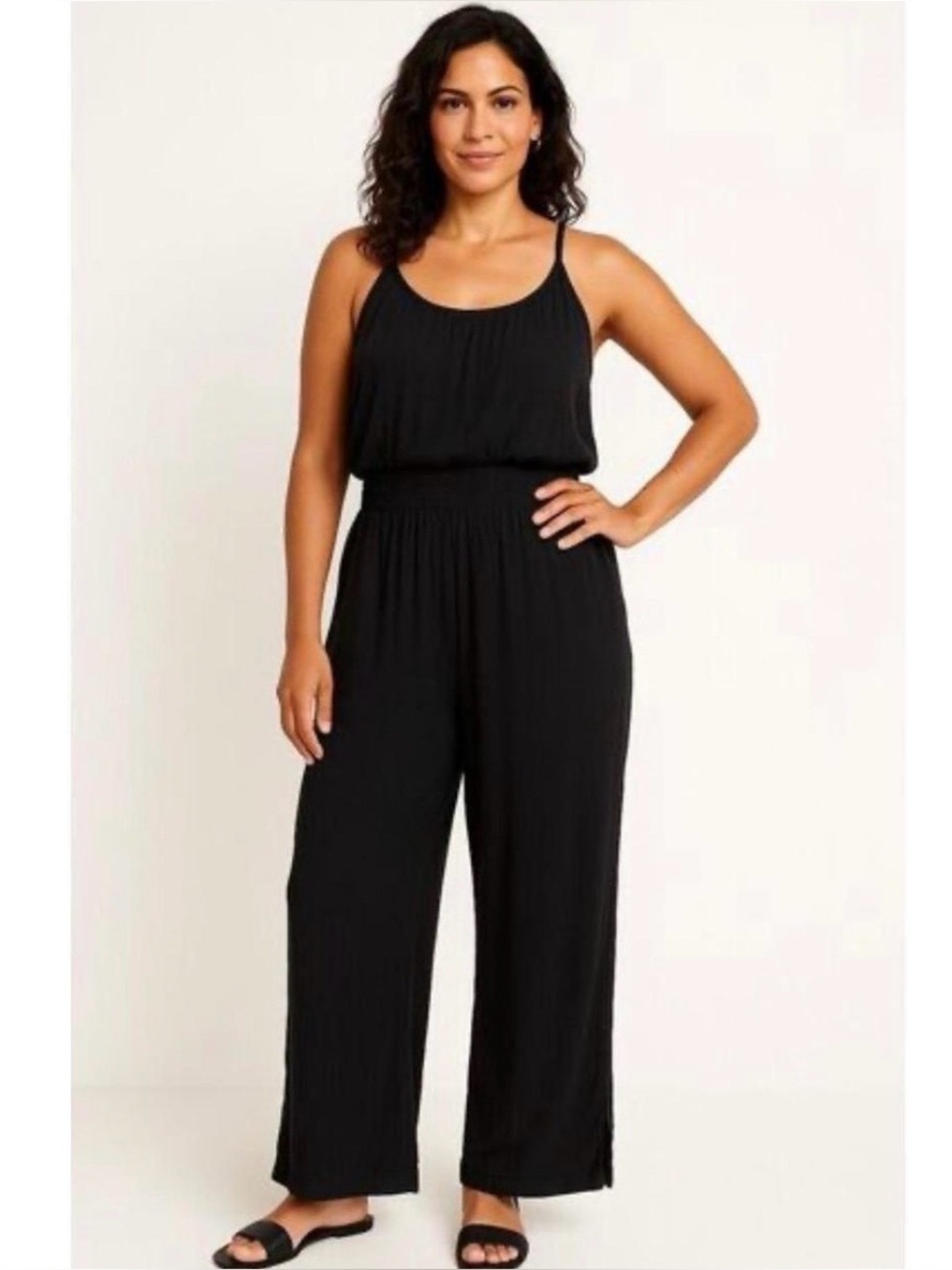 Prana Fernie Black Wide Leg Jumpsuit Smocked Waist Women’s Size XL Boho Sporty